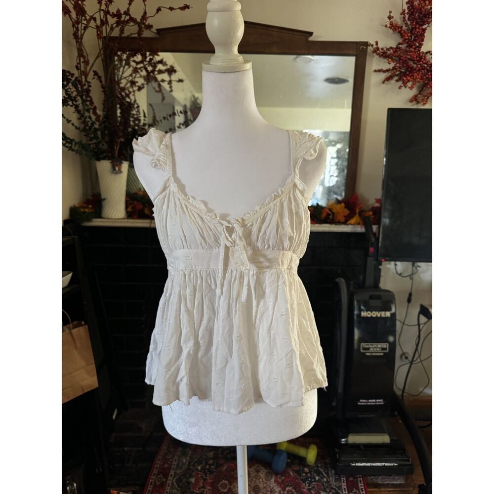 Rebellion Again Womens M Ivory Ruffle Babydoll Top Tie Front Boho Cottagecore